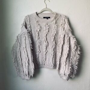 Strut & Bolt Fringe Knit Sweater Cream Balloon Sleeve Cozy Boho M
